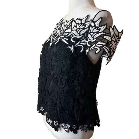 Topshop Black & White Floral Lace Cold Shoulder / Spaghetti straps Top Size 2 - Picture 10 of 14
